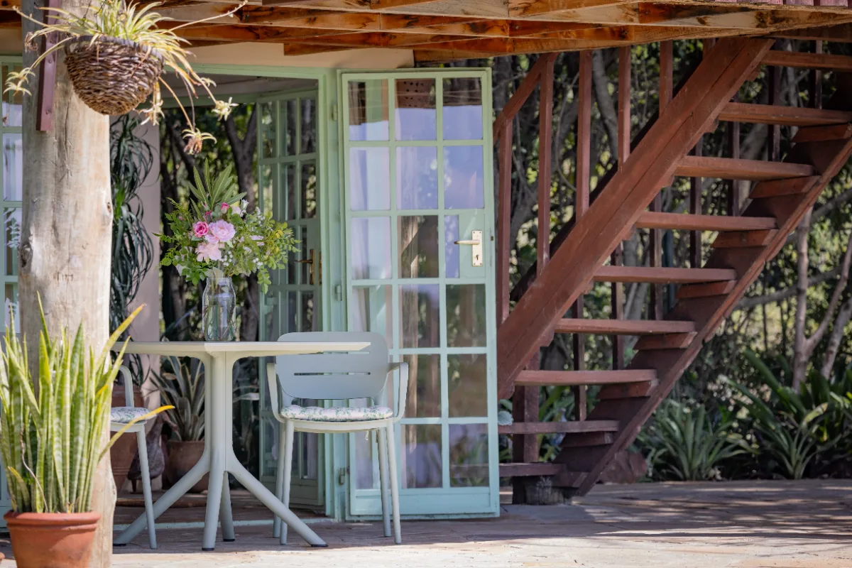 The Boat House from the garden, stair to the upper deck